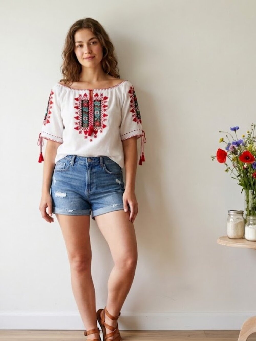 Vintage Romanian Folk Blouse Hand Embroidered Red Peasant Top Boho